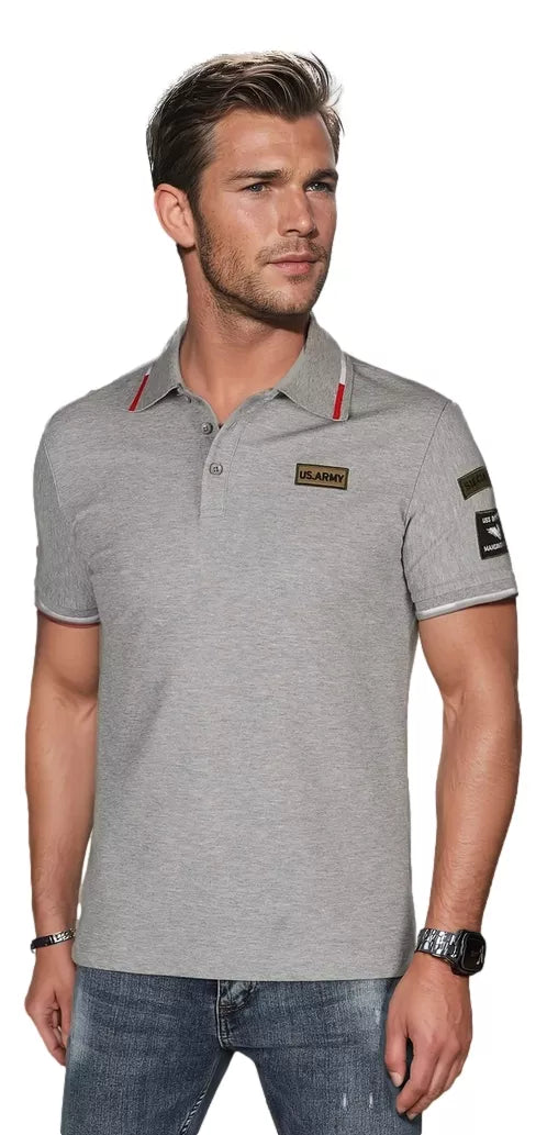 Men's polo shirt with patches, gray US Army