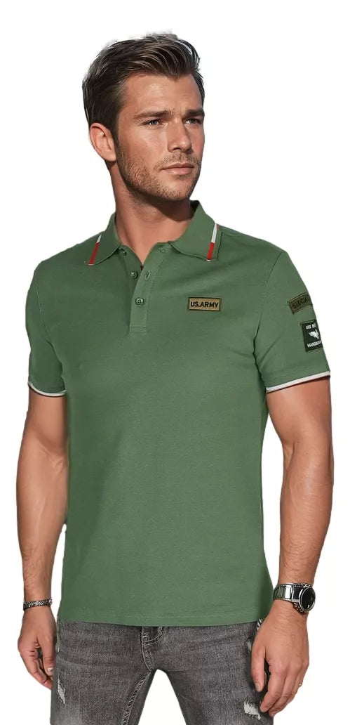 Men's polo shirt with patches, green US Army