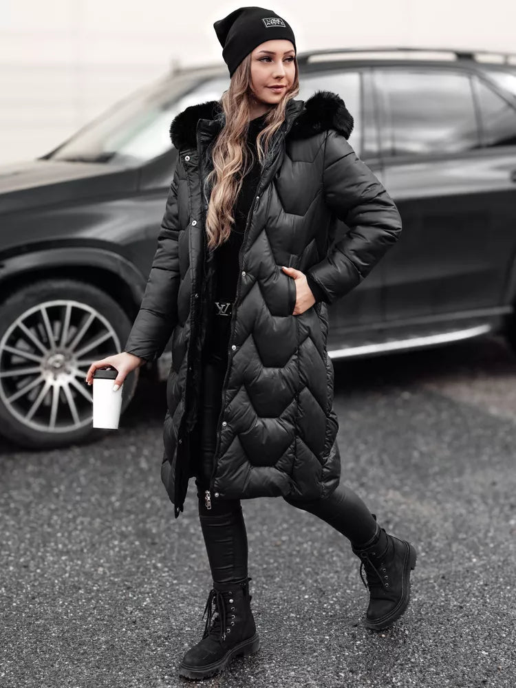 Women's long black jacket with black fur Inter