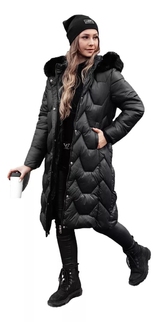 Women's long black jacket with black fur Inter
