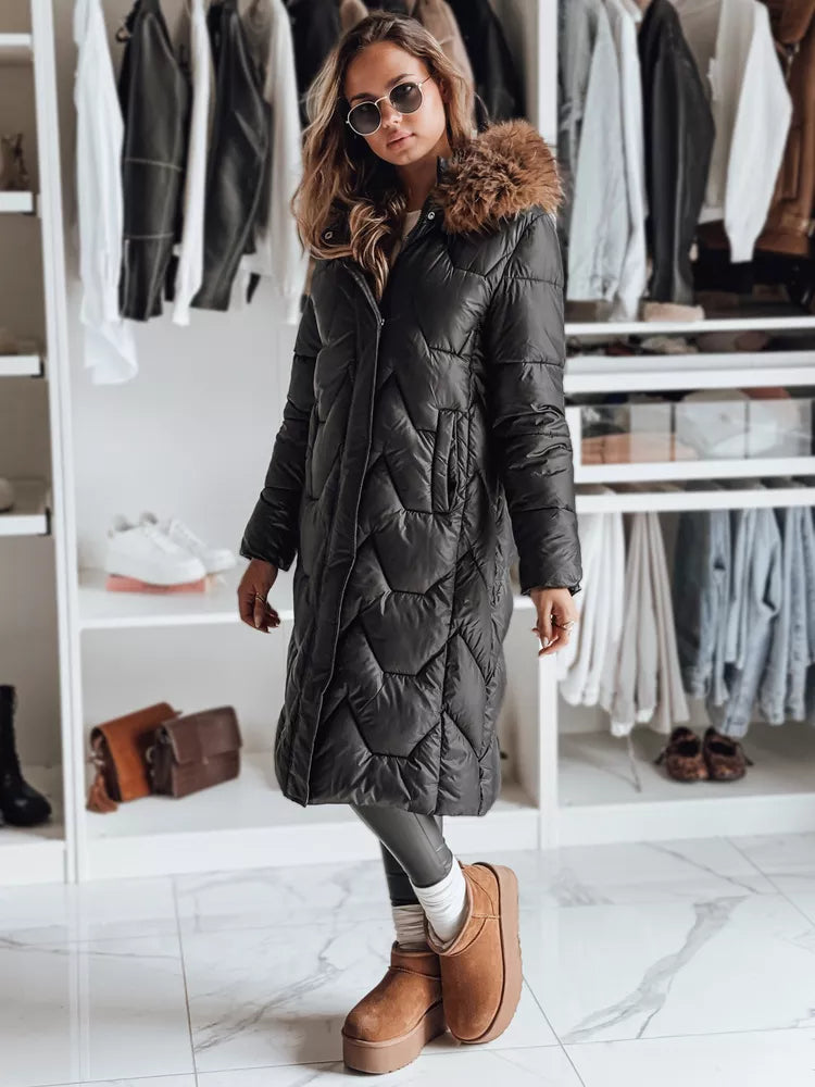 Women's long black jacket with brown fur Inter