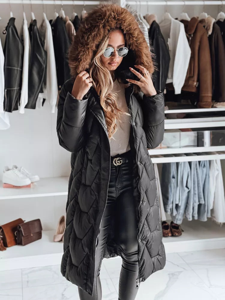 Women's long black jacket with brown fur Inter