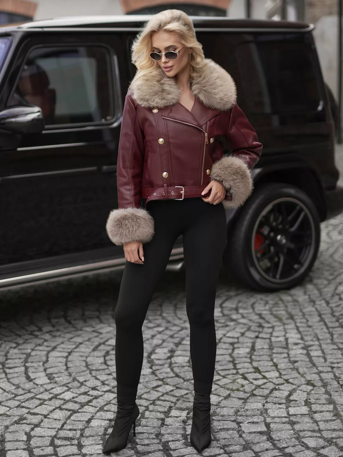 Women's burgundy leather jacket with brown fur Elis