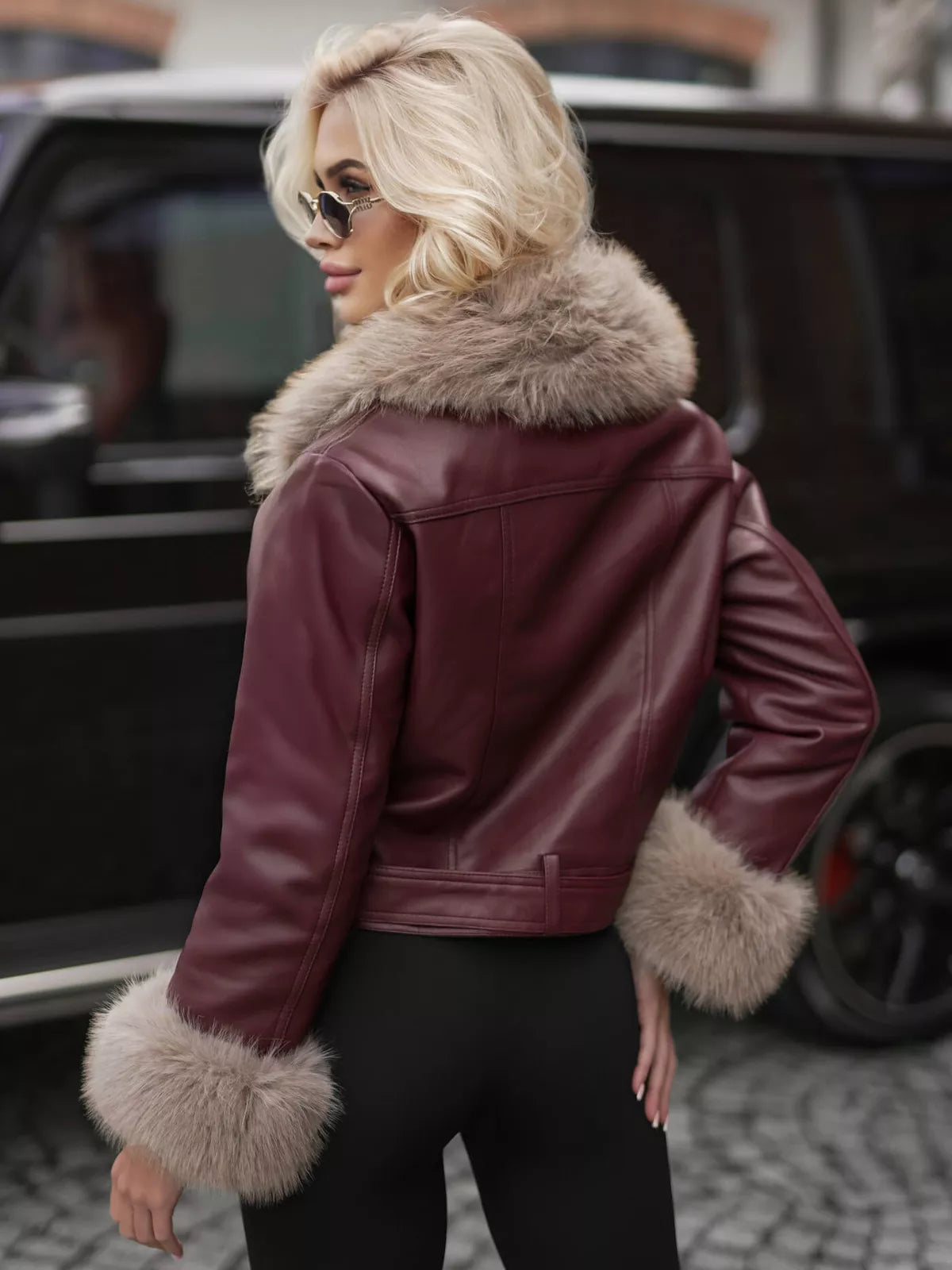 Women's burgundy leather jacket with brown fur Elis