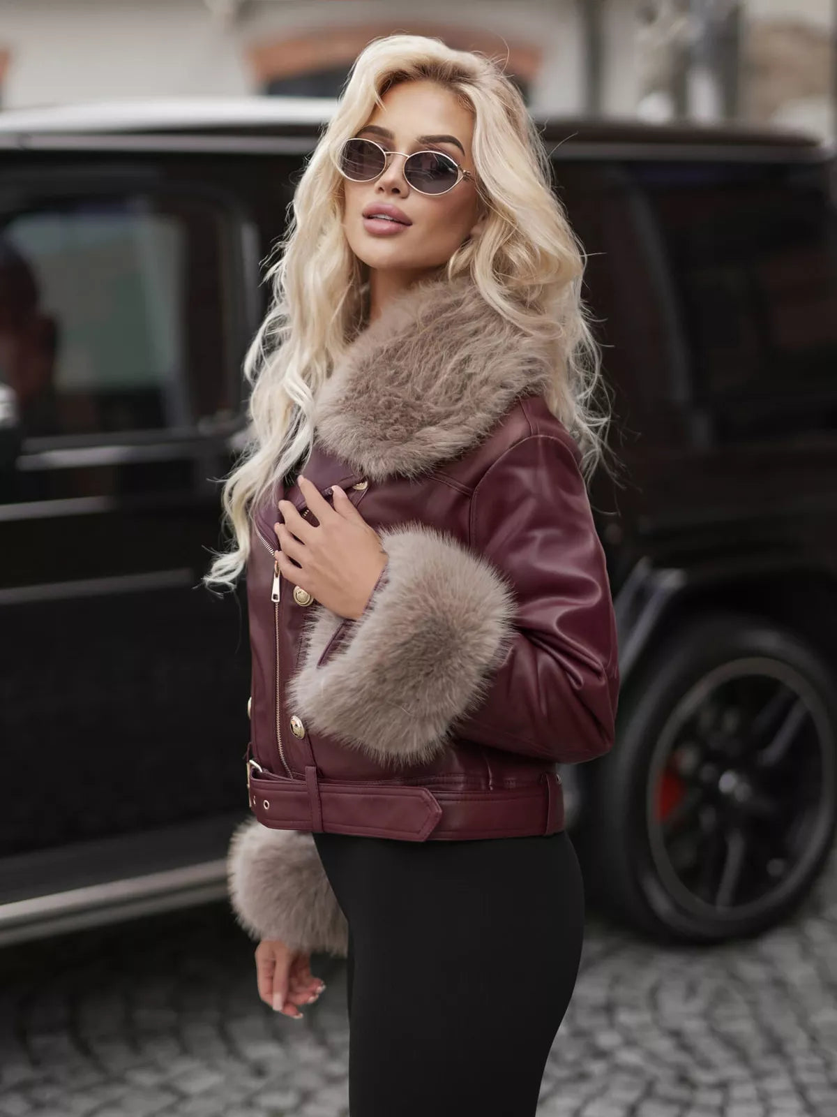 Women's burgundy leather jacket with brown fur Elis