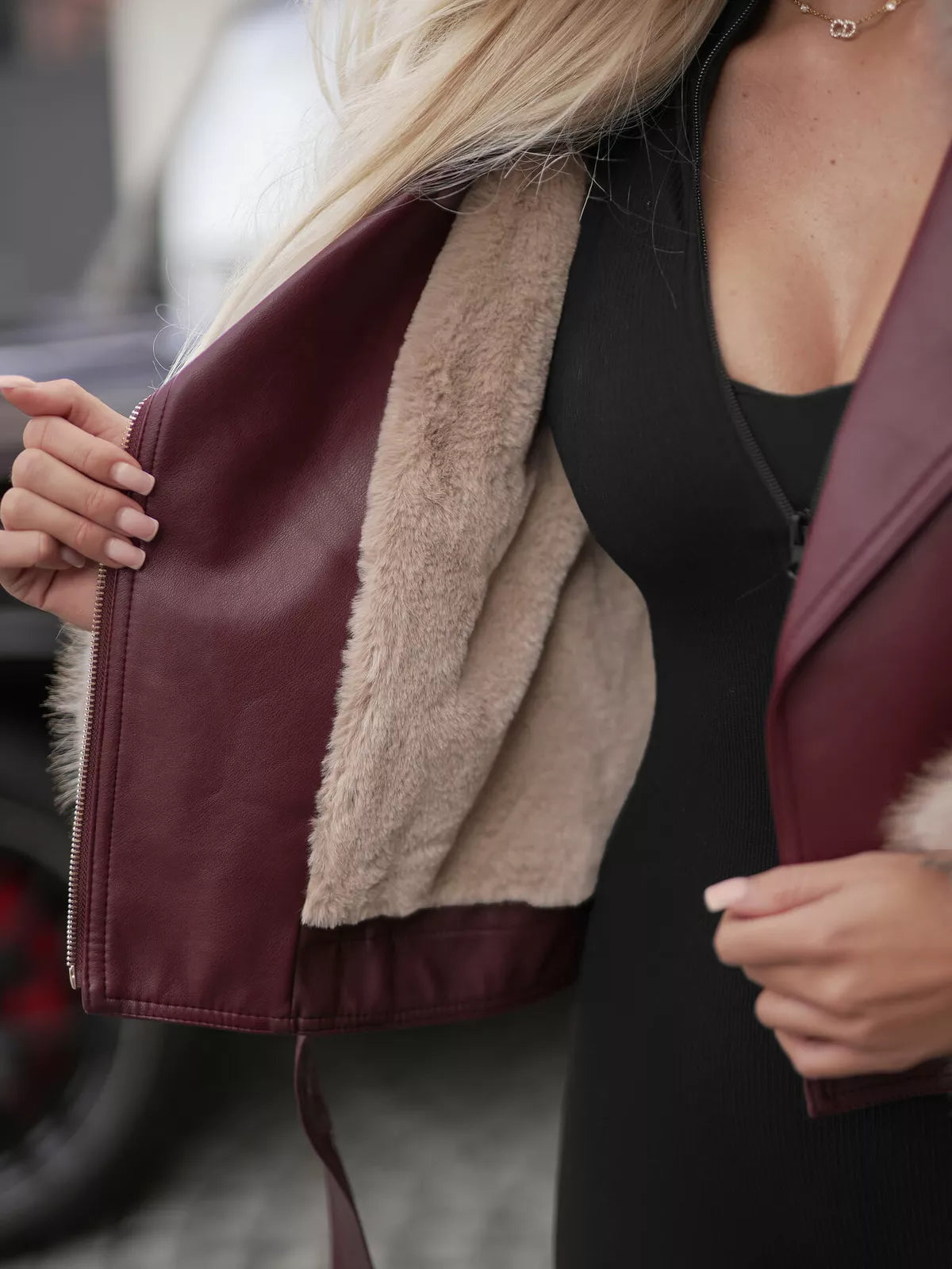 Women's burgundy leather jacket with brown fur Elis