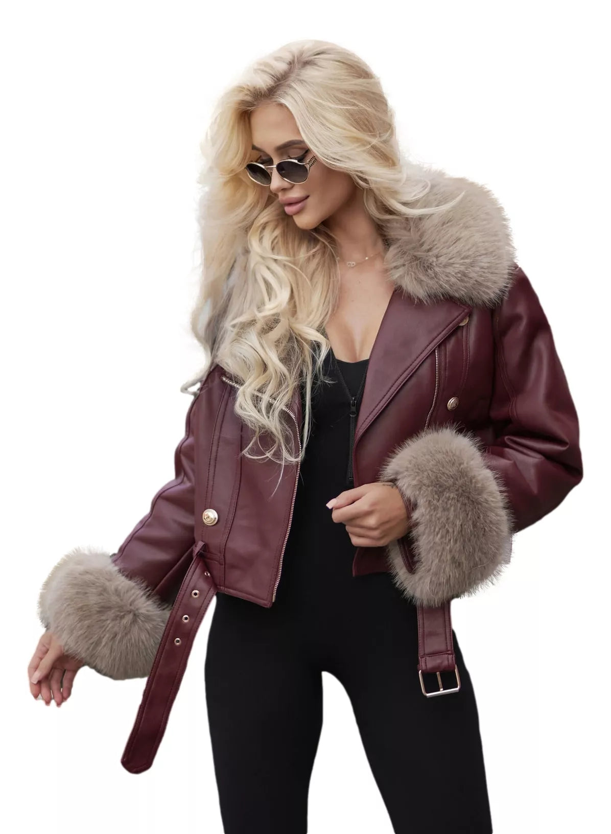 Women's burgundy leather jacket with brown fur Elis