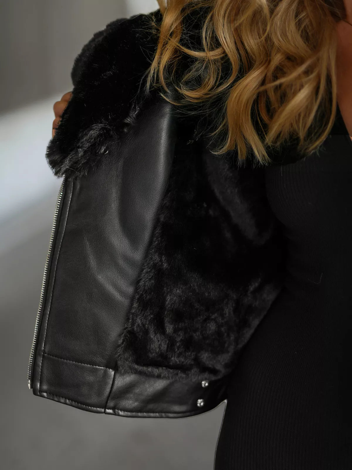Women's black leather jacket with fur Laser