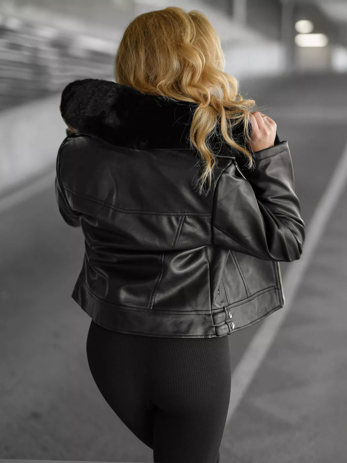 Women's black leather jacket with fur Laser
