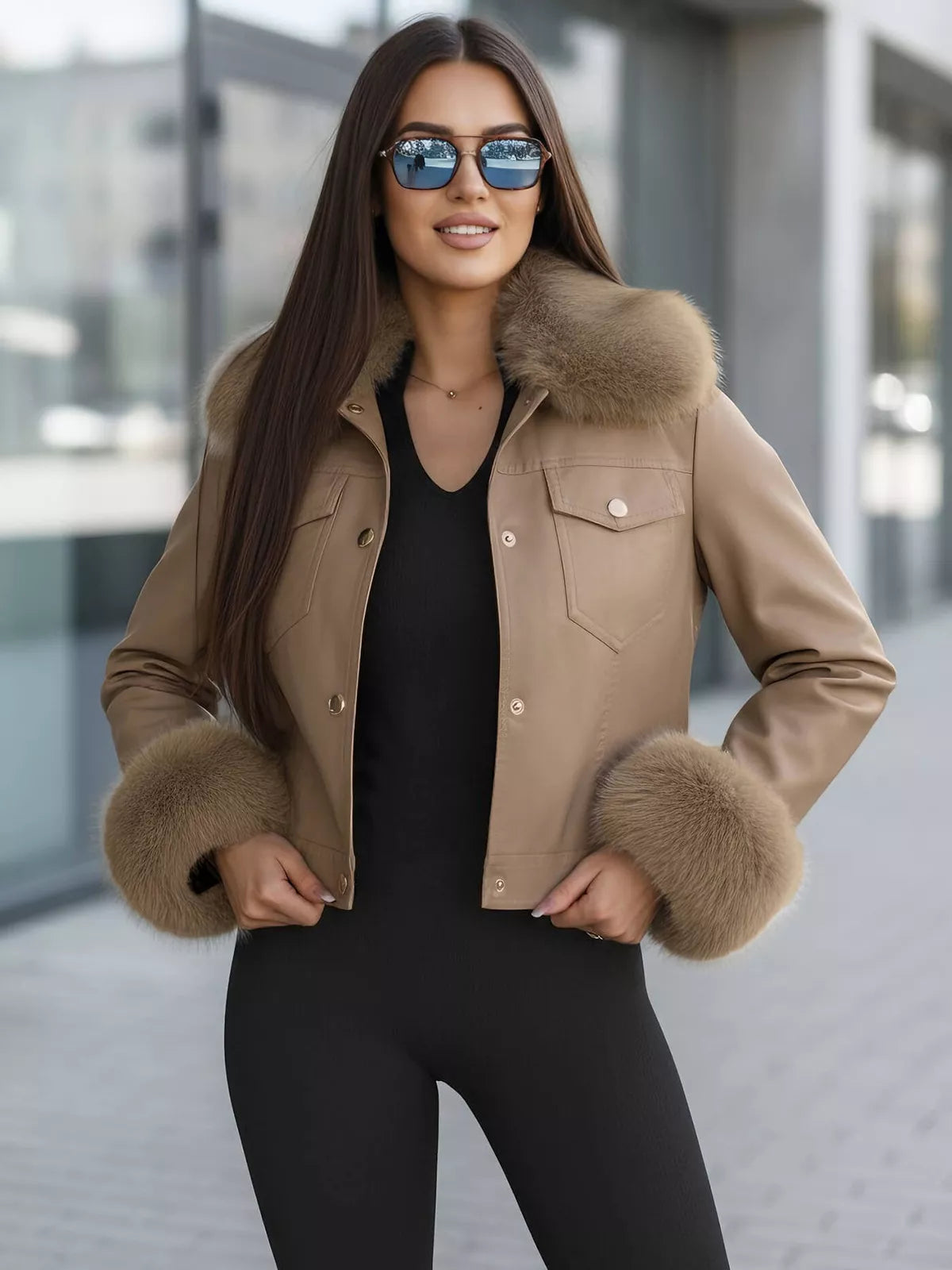 Women's brown leather jacket with fur Portal