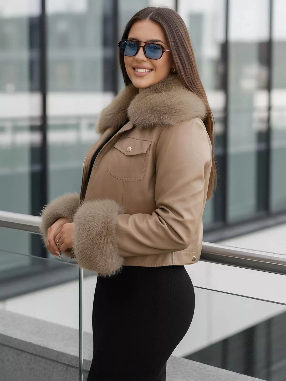 Women's brown leather jacket with fur Portal