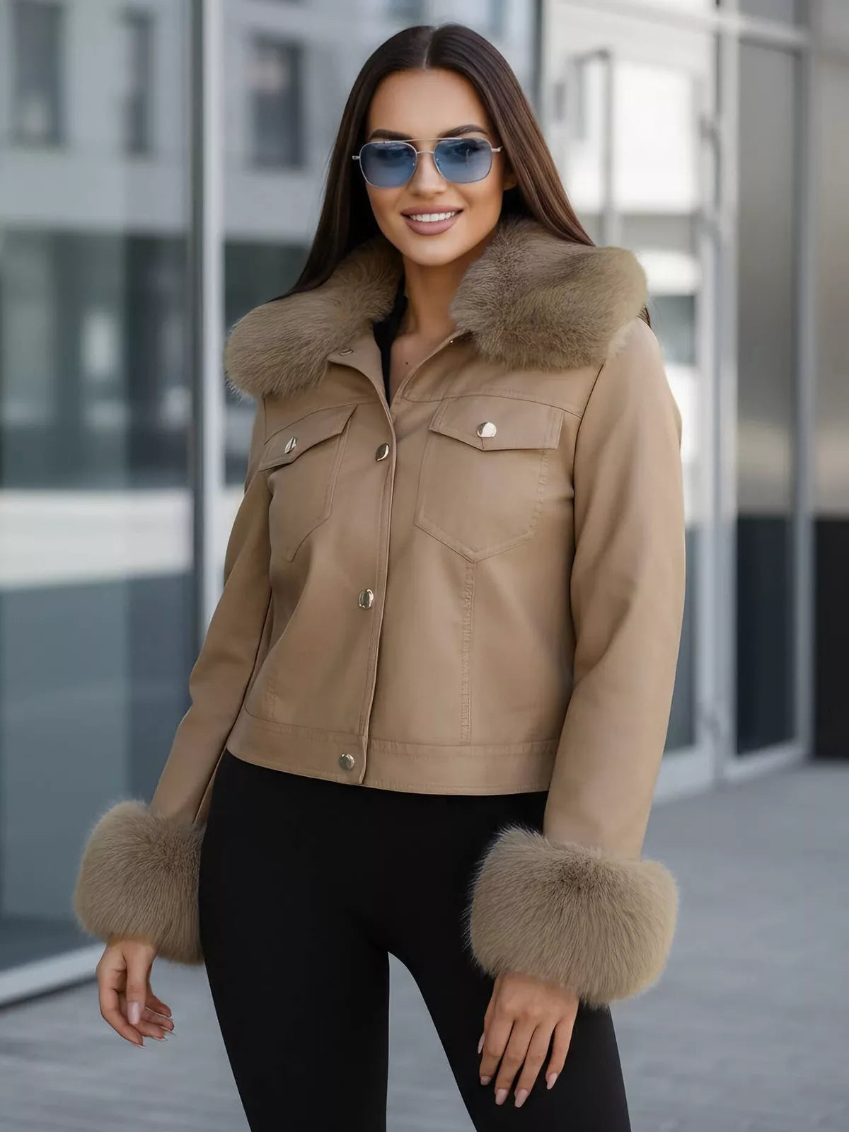 Women's brown leather jacket with fur Portal