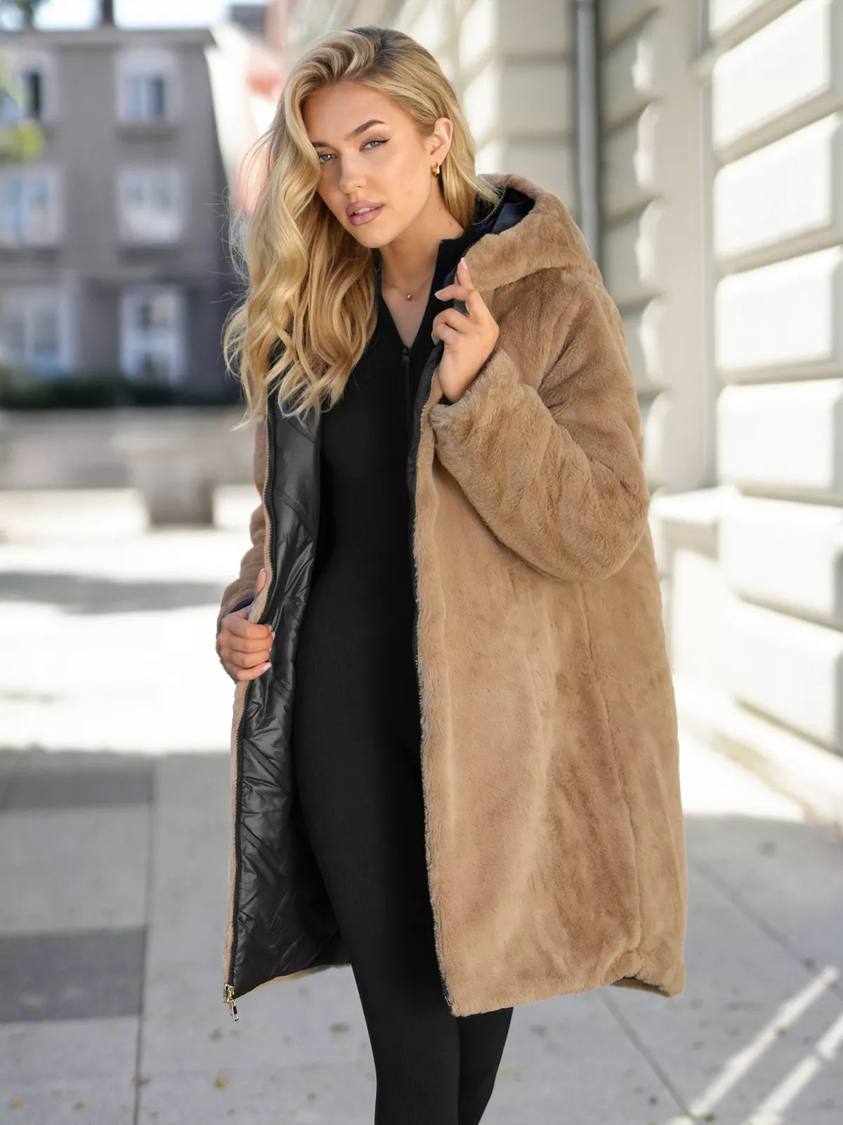 Women's winter reversible black jacket with hood Ela