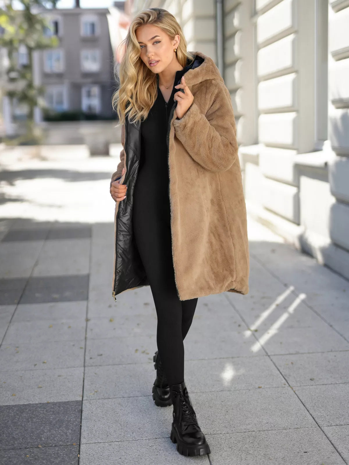 Women's winter reversible black jacket with hood Ela