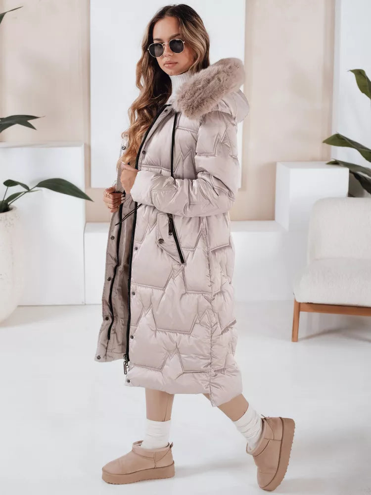 Women's long winter jacket with fur, beige Velis