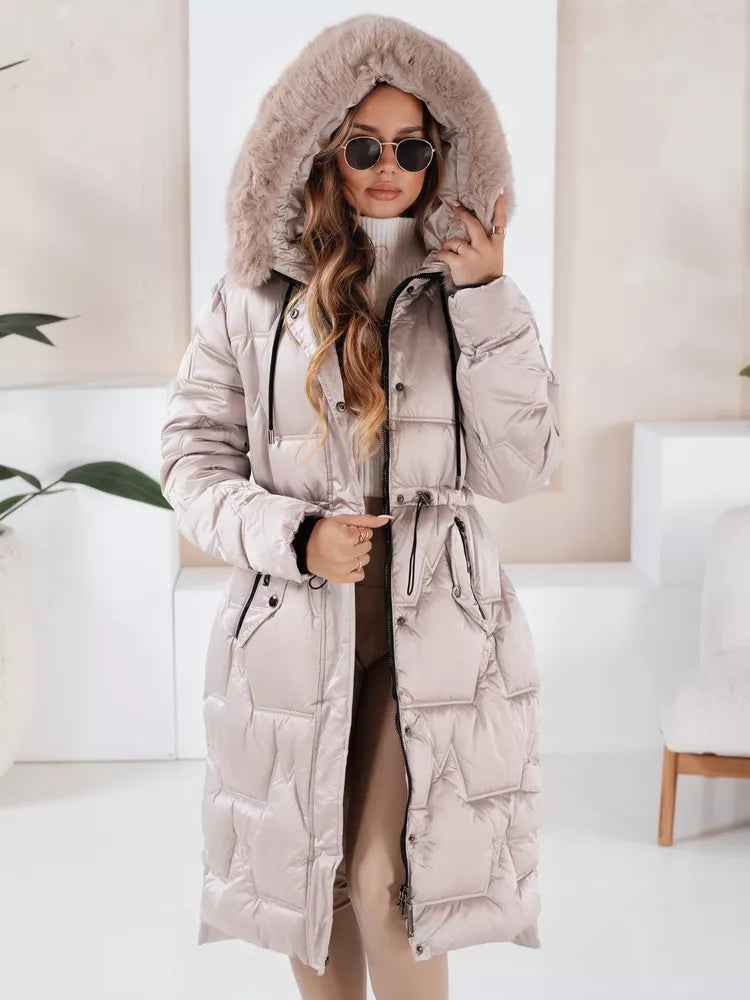Women's long winter jacket with fur, beige Velis