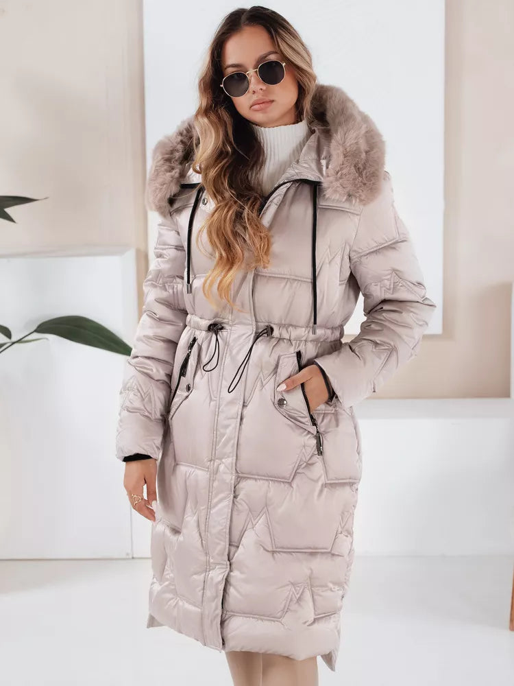 Women's long winter jacket with fur, beige Velis