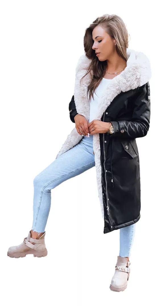 Black long women's jacket with light fur Harpe