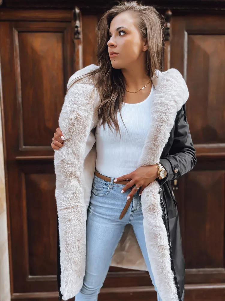 Black long women's jacket with light fur Harpe