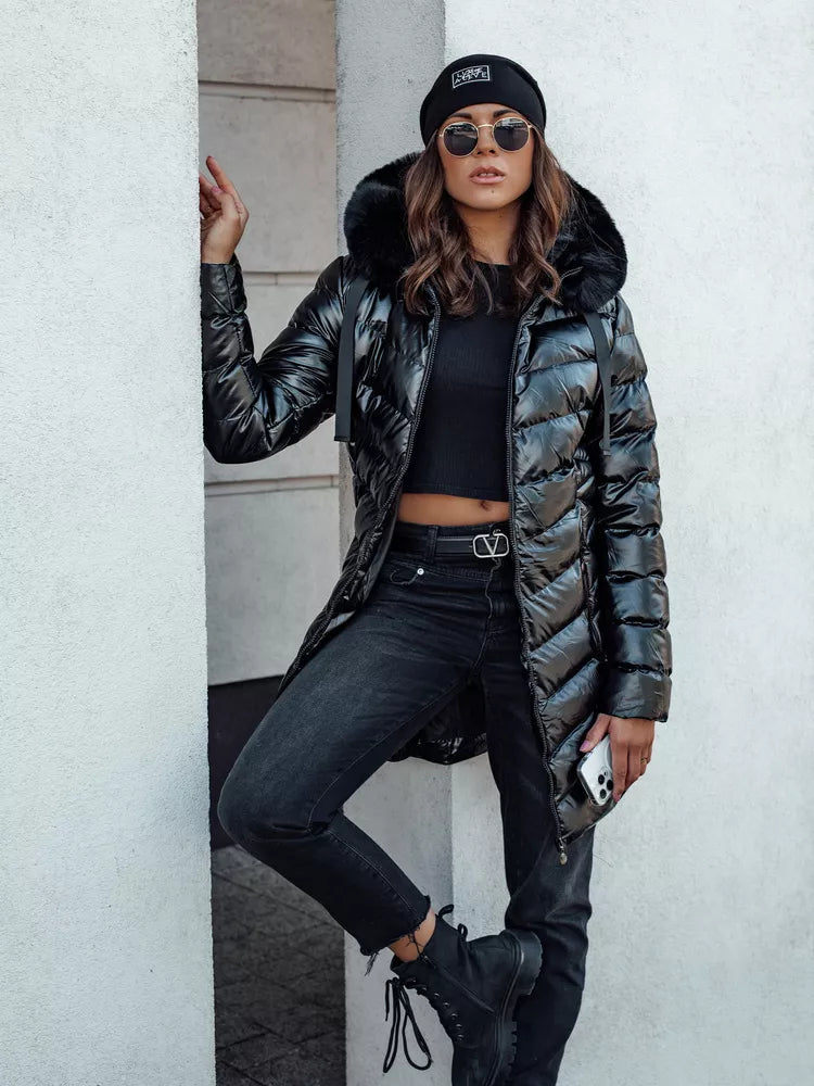 Women's quilted black jacket with black fur Crystal