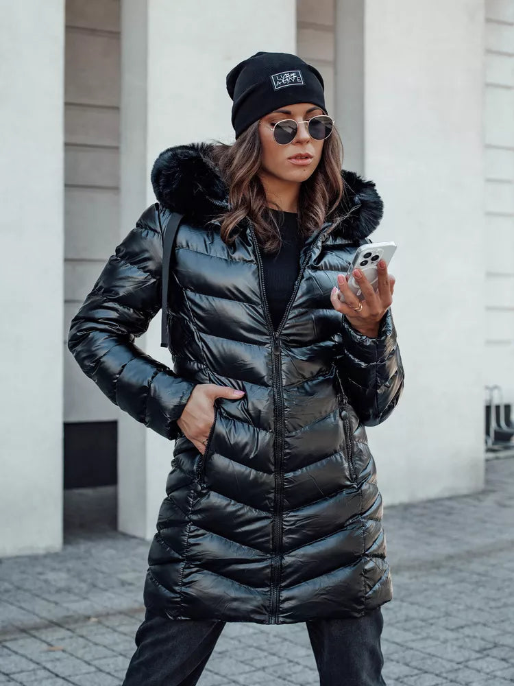 Women's quilted black jacket with black fur Crystal