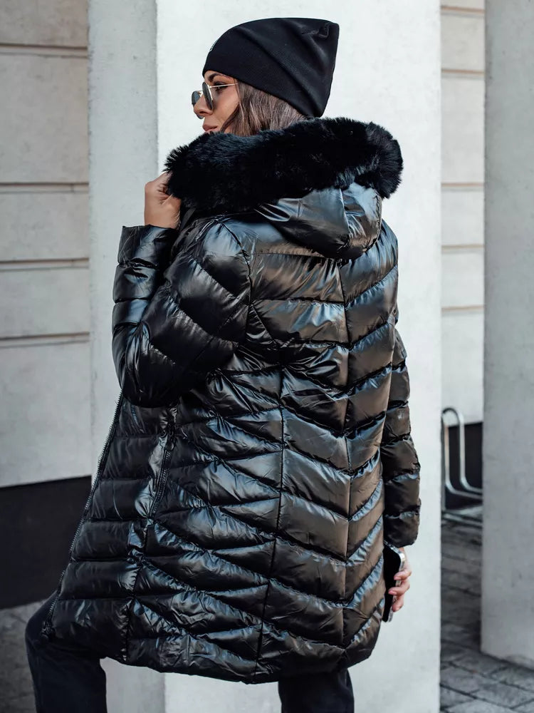 Women's quilted black jacket with black fur Crystal
