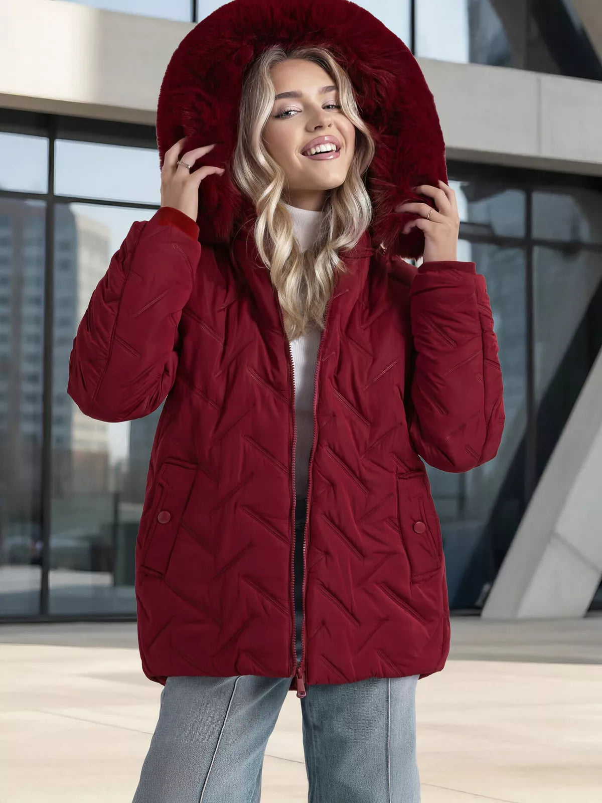Women's burgundy winter jacket with hood Levi
