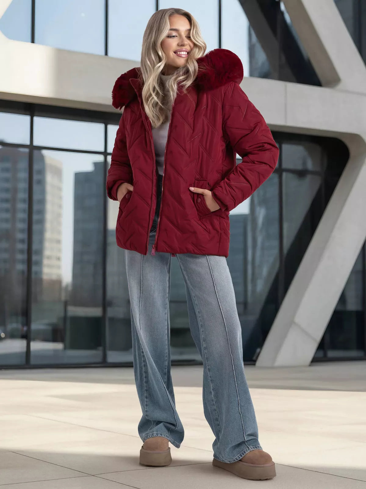 Women's burgundy winter jacket with hood Levi