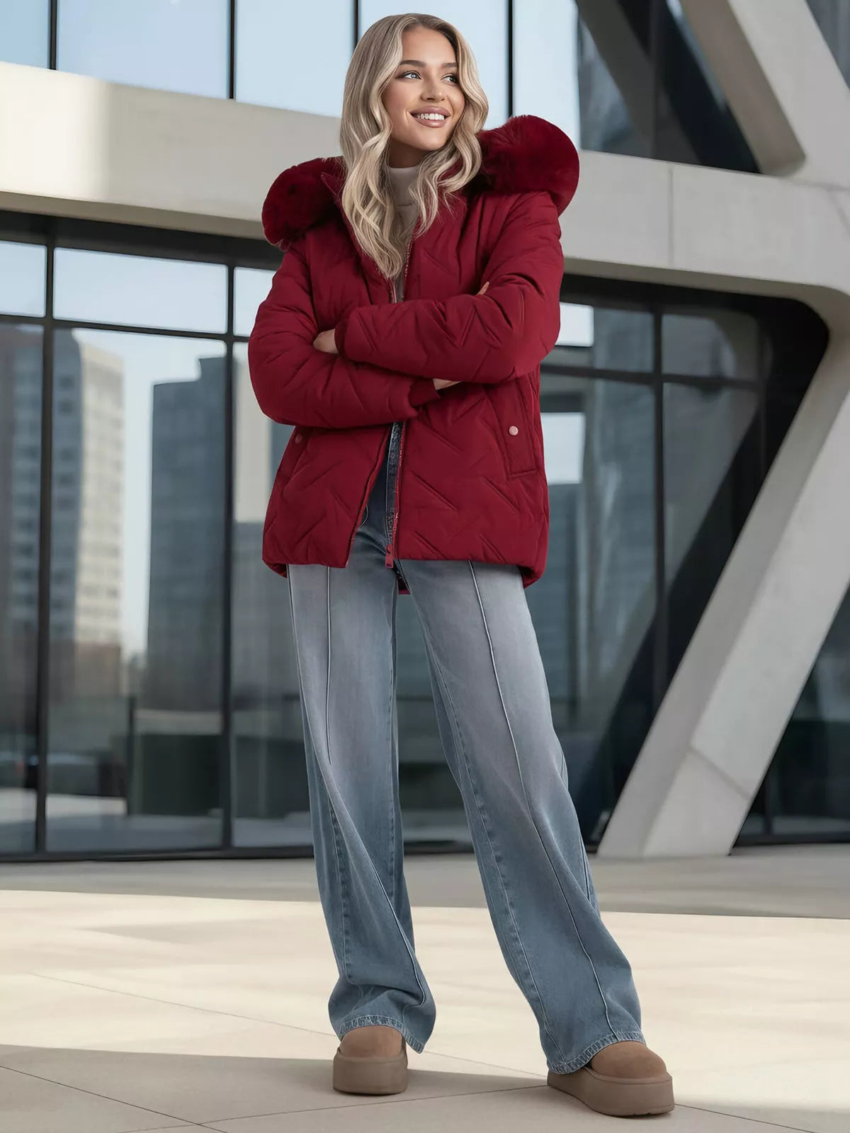 Women's burgundy winter jacket with hood Levi