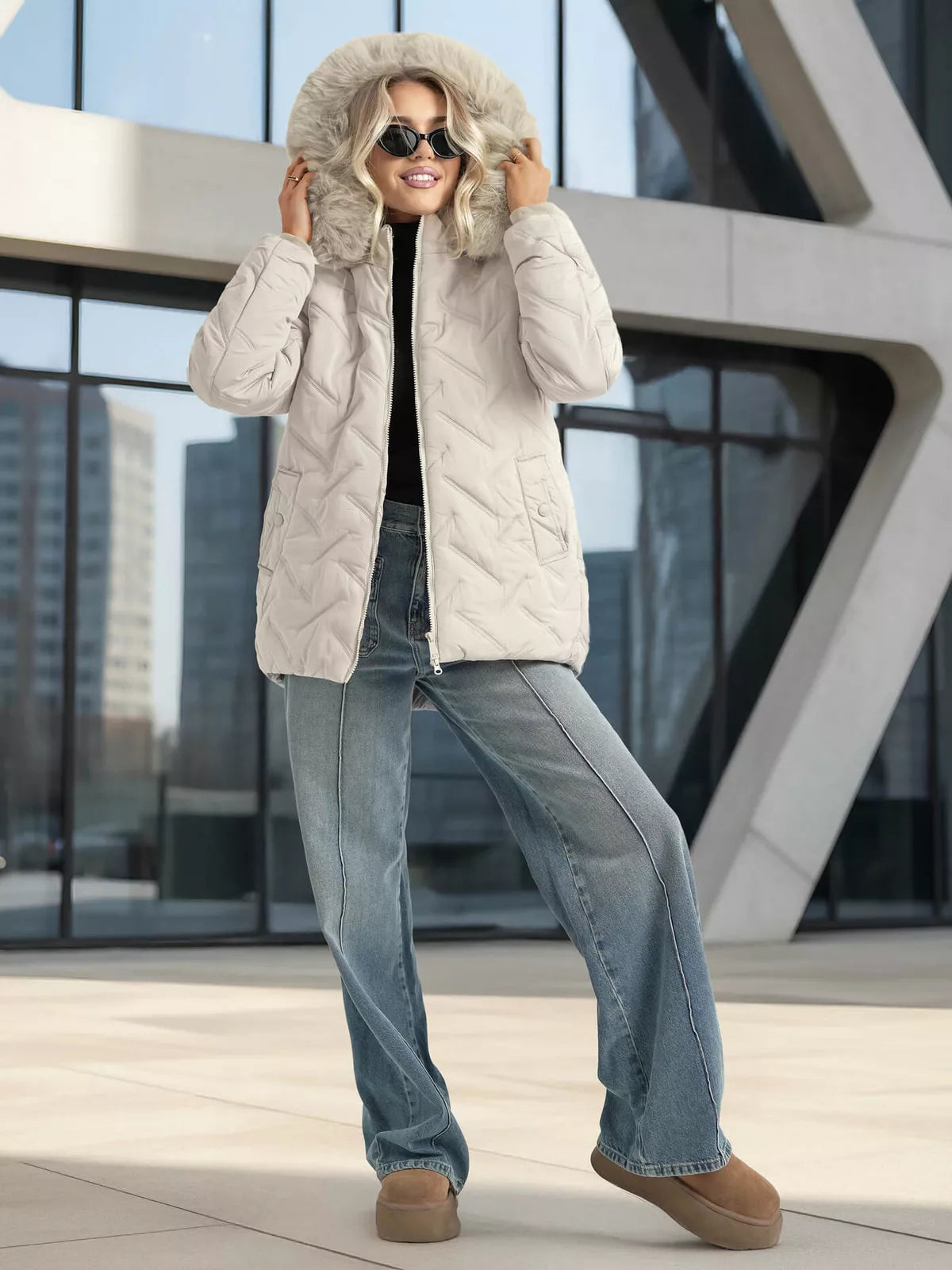 Women's light gray winter jacket with hood Levi