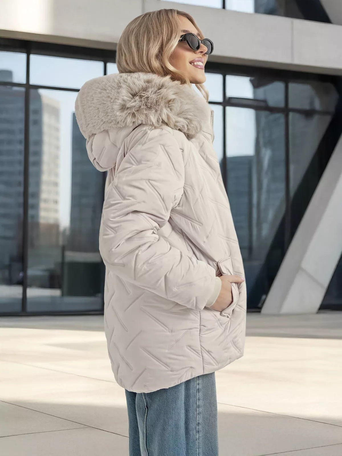 Women's light gray winter jacket with hood Levi