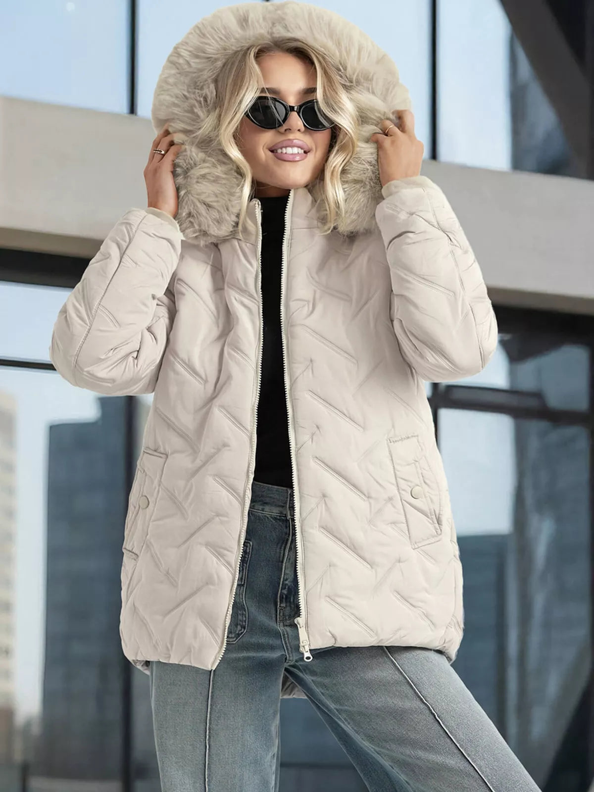 Women's light gray winter jacket with hood Levi