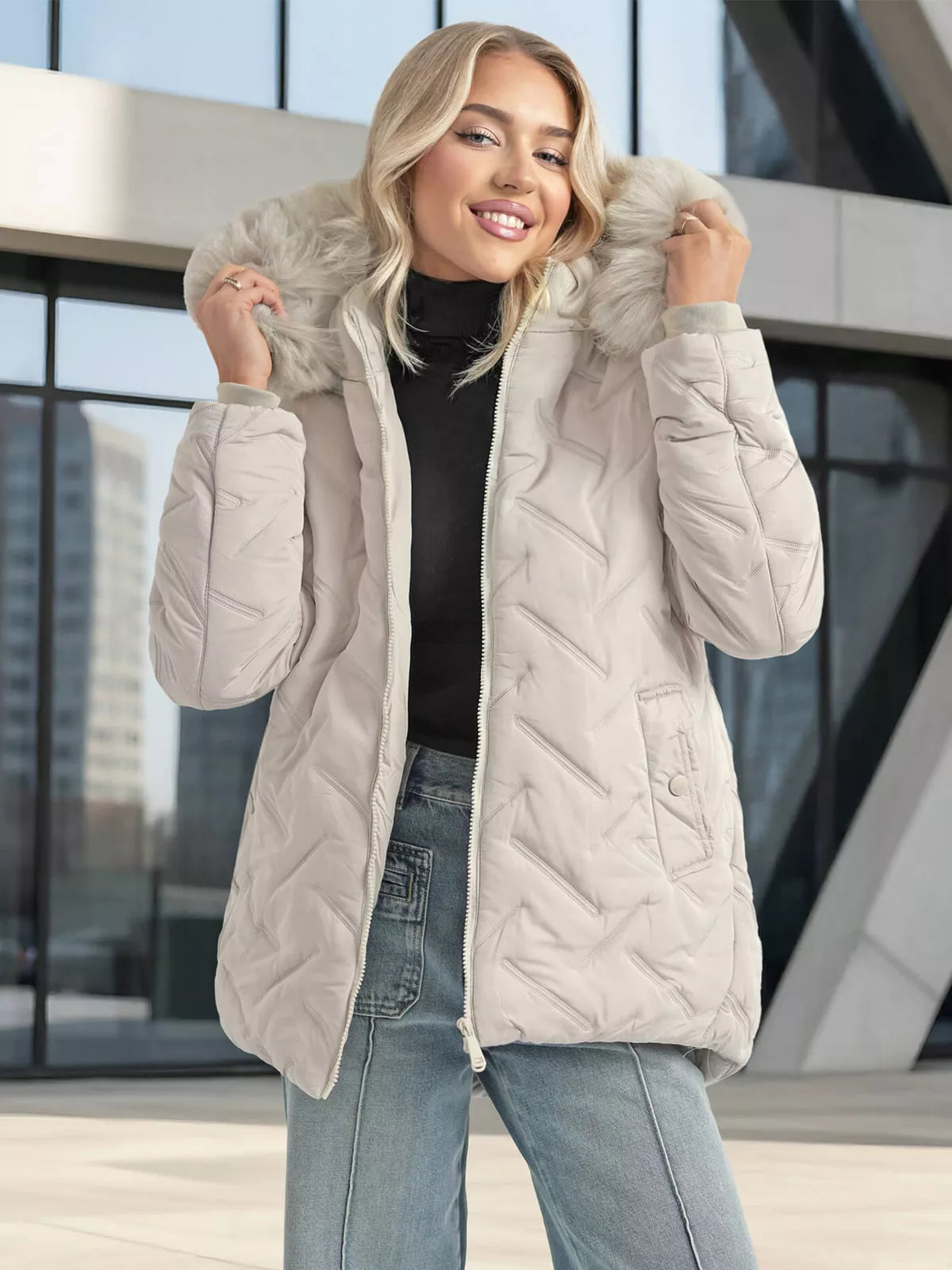 Women's light gray winter jacket with hood Levi