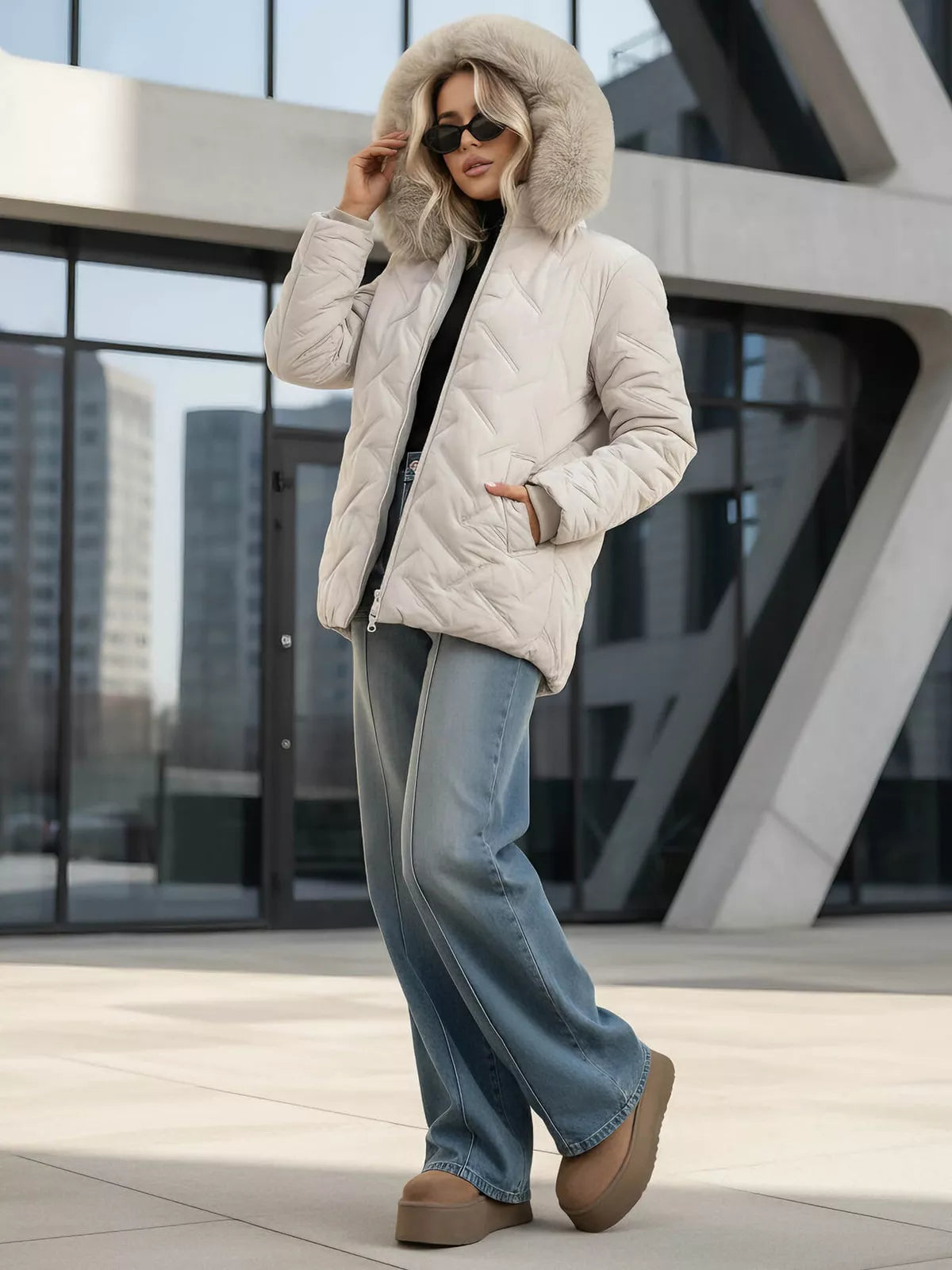 Women's light gray winter jacket with hood Levi