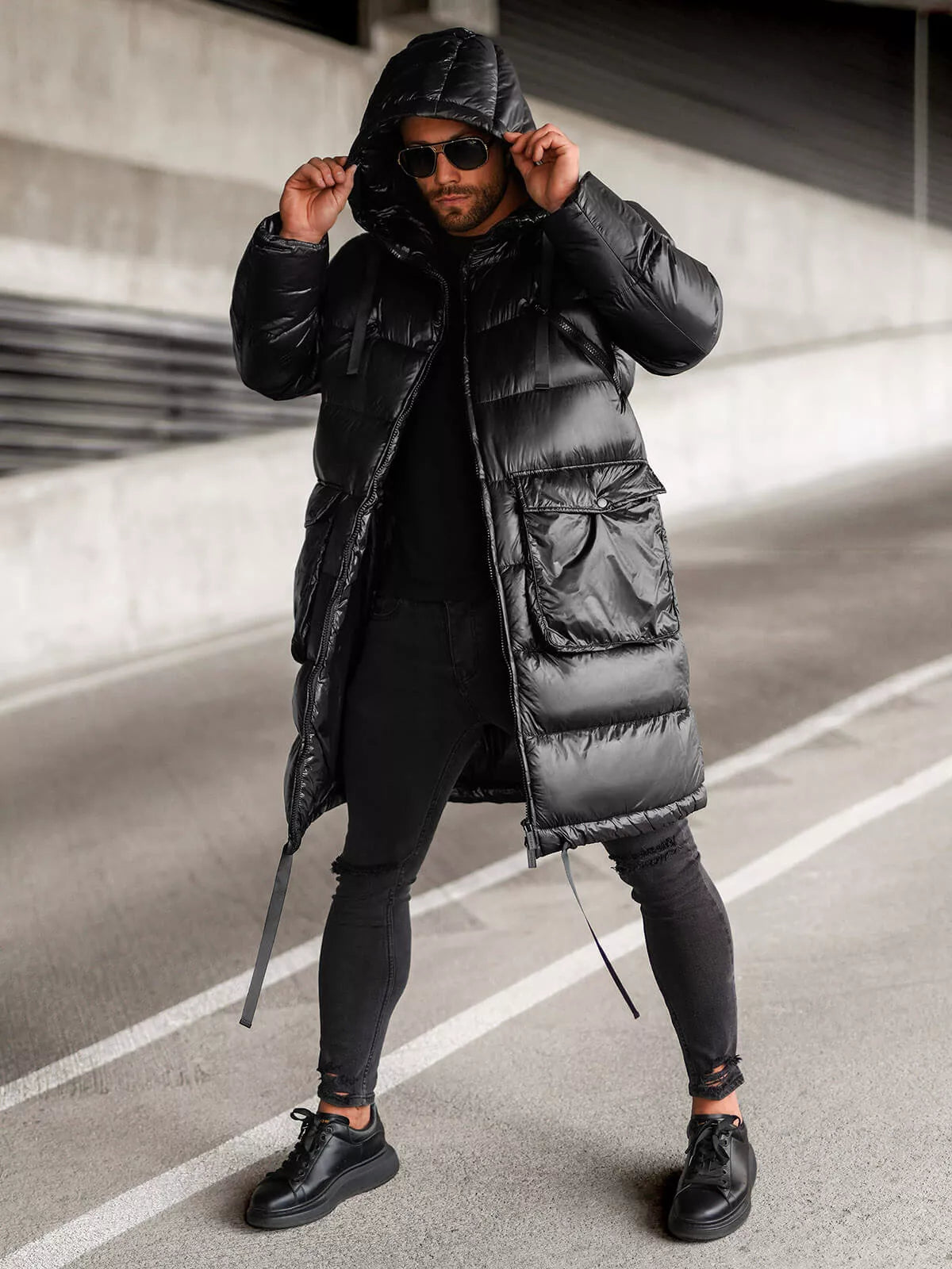 Black shiny men's jacket with hood Monakko