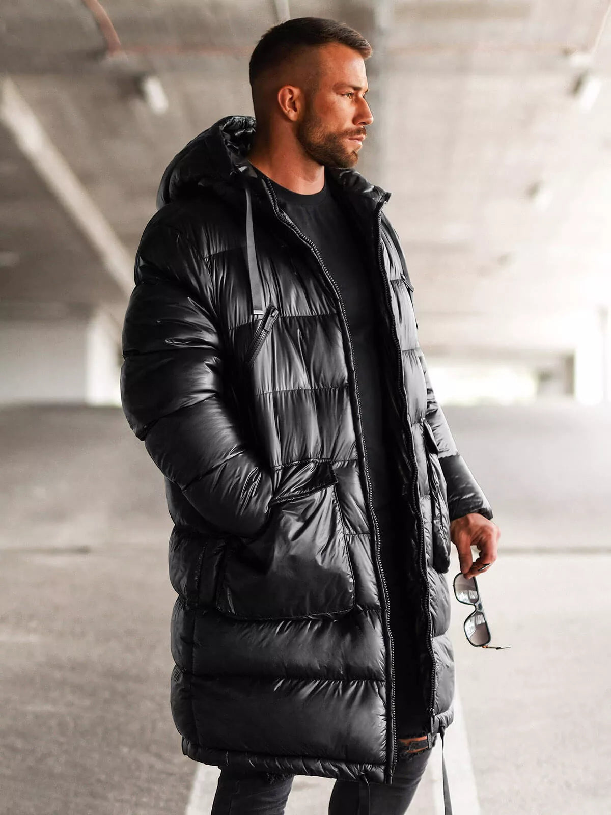 Black shiny men's jacket with hood Monakko