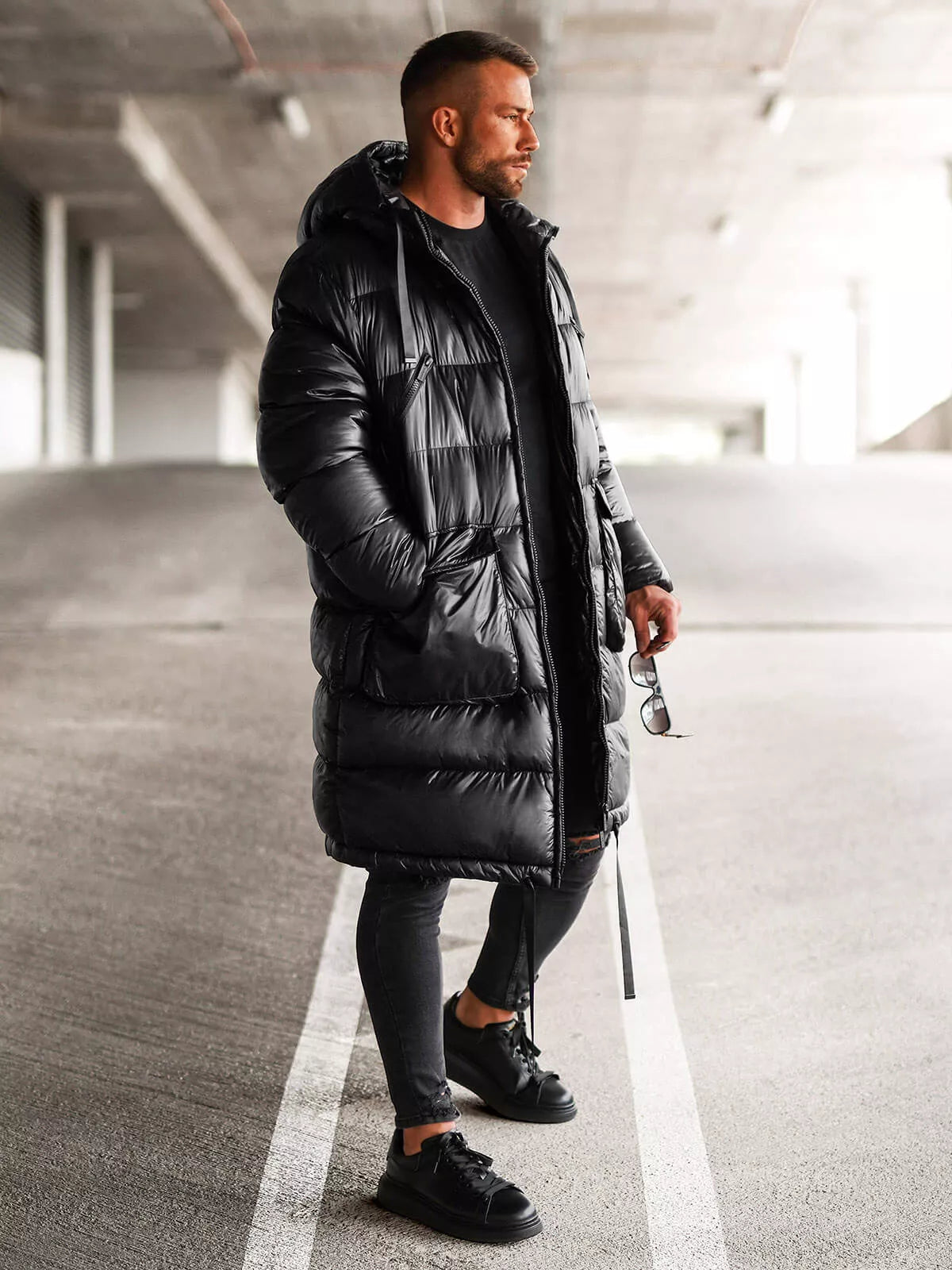 Black shiny men's jacket with hood Monakko