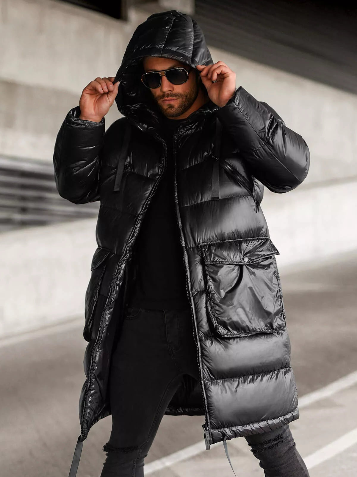 Black shiny men's jacket with hood Monakko