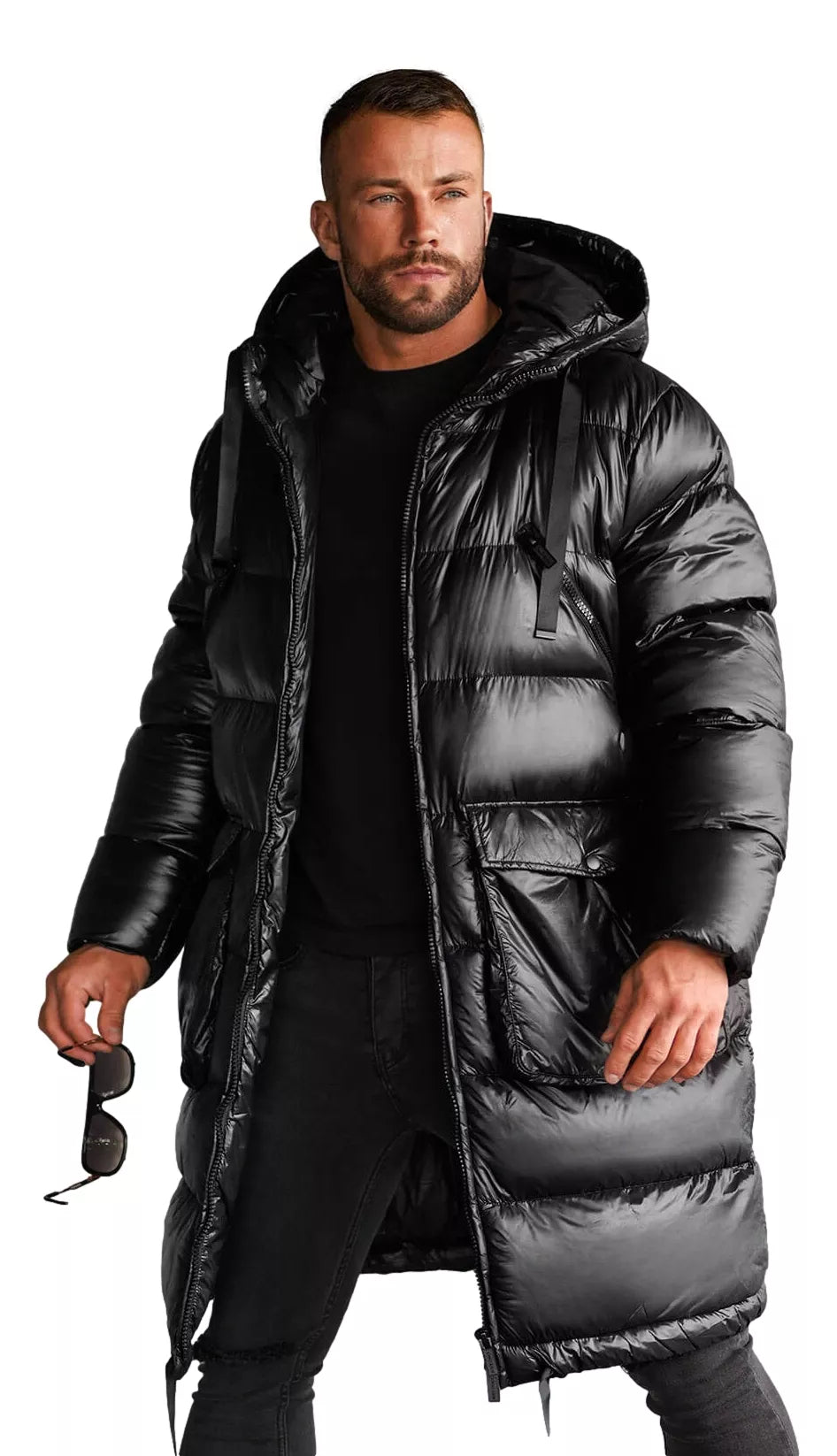 Black shiny men's jacket with hood Monakko