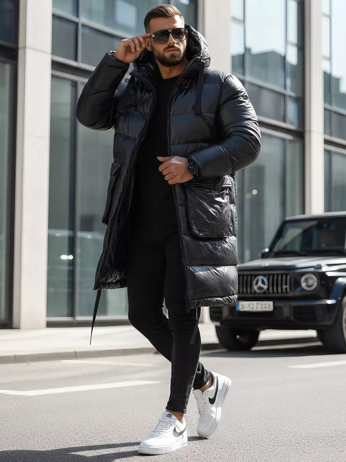 Black shiny men's jacket with hood Monakko