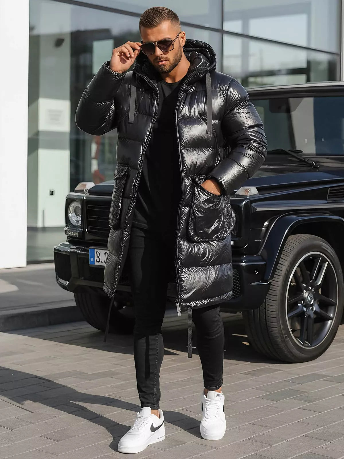 Black shiny men's jacket with hood Monakko