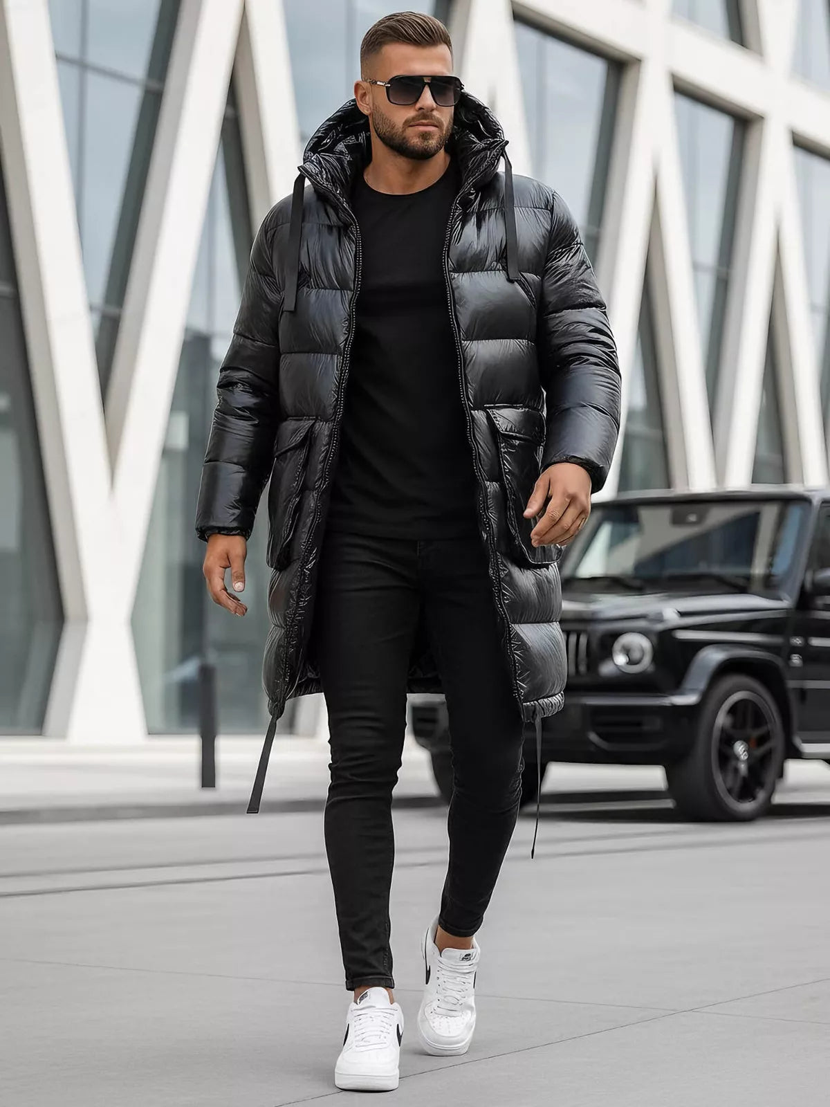 Black shiny men's jacket with hood Monakko