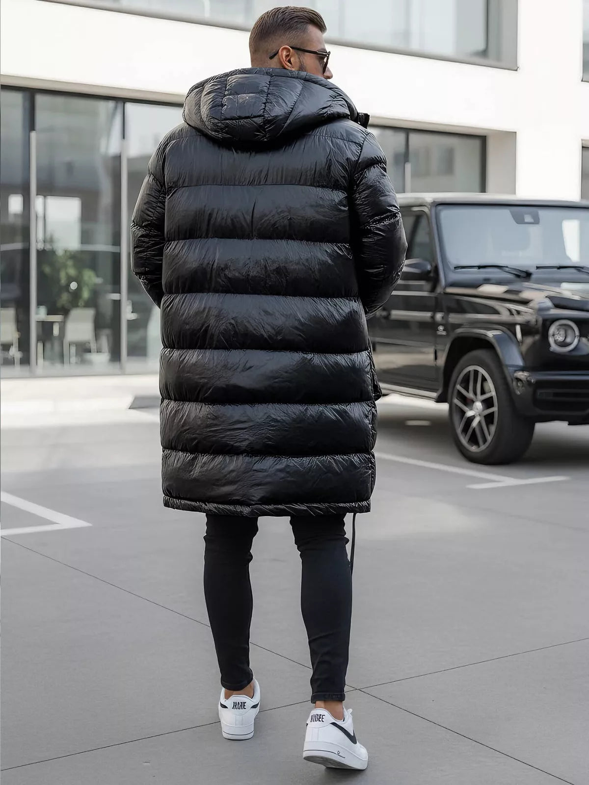 Black shiny men's jacket with hood Monakko