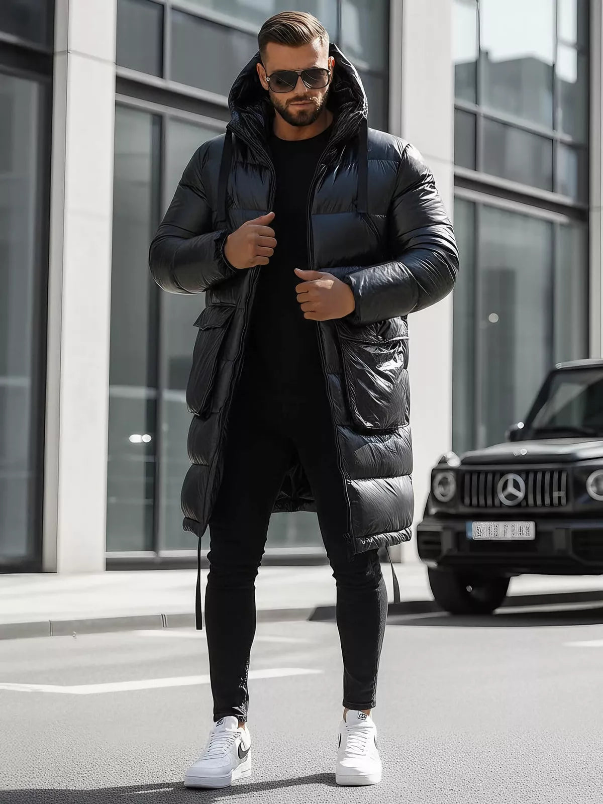 Black shiny men's jacket with hood Monakko