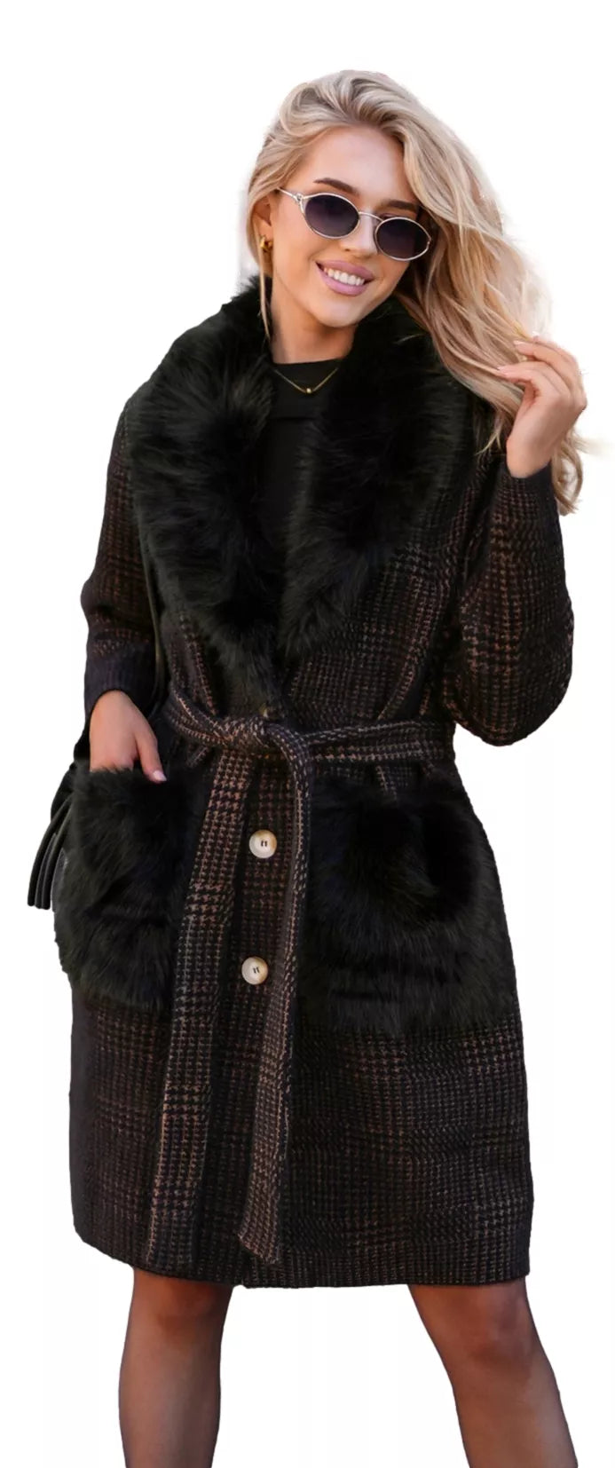 Women's black coat with fur Korin