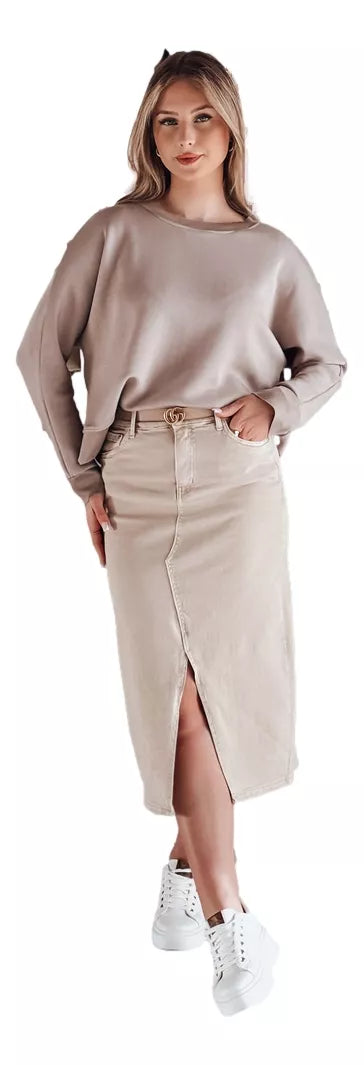 Denim brown skirt with slit Midiway