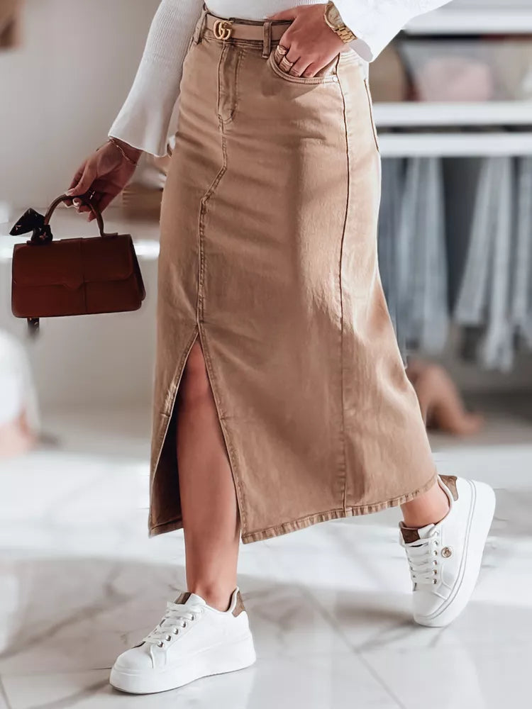 Denim brown skirt with slit Midiway
