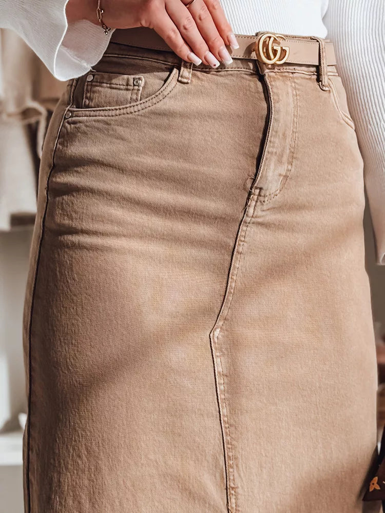 Denim brown skirt with slit Midiway