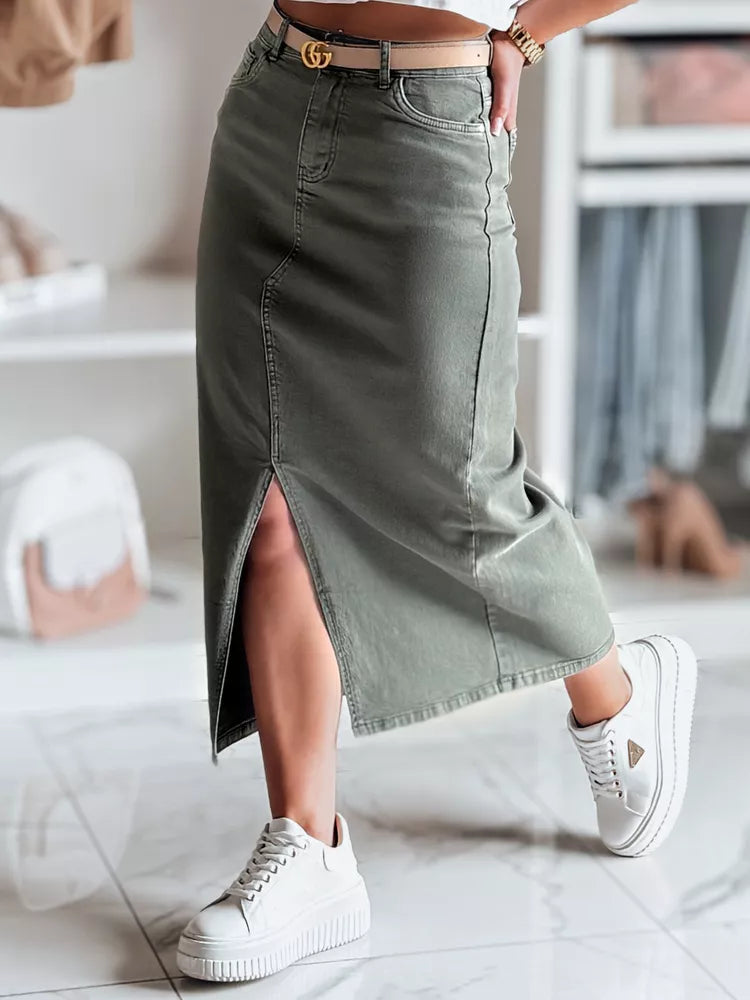 Denim green skirt with slit Midiway