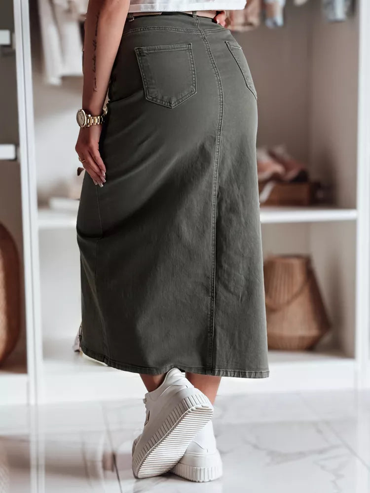 Denim green skirt with slit Midiway